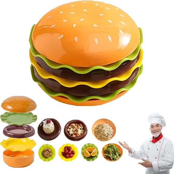 ACDANC Stackable Burger Plates and Bowls Set,Hamburger Dinnerware with Saucer Plate & Lid,Cute Burger Style Dessert Plates Snack Bowls