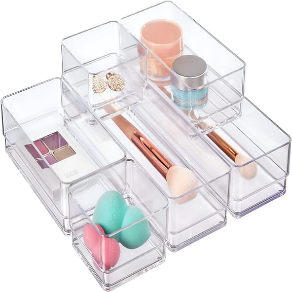 ACDANC Stackable Cosmetic Clear Drawer Makeup Organizer Set | Multi-size Trays | Small Makeup Classification Storage Bins for Makeup Brush Lipstick Puff 3PCS