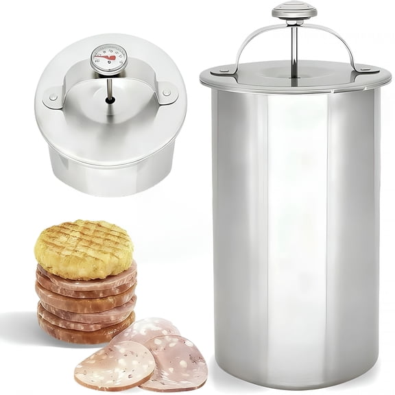 ACDANC Stainless Steel Deli Meat Press with Thermometer & Spring Mechanism, Homemade Ham Maker Lunch Meat Press for Healthy Home Cooking and Sandwiches