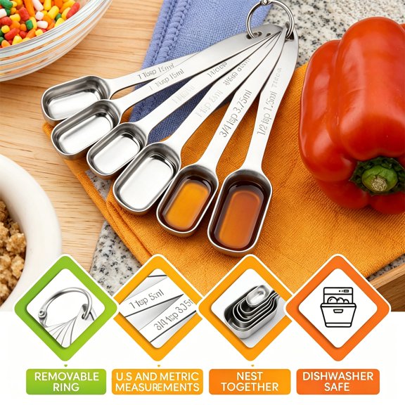 ACDANC Stainless Steel Measuring Spoons Set of 7 with Leveler, Rectangular Metal Teaspoon & Tablespoon Measuring Spoons for Dry & Liquid Ingredients - Nesting Kitchen Gadgets for Baking