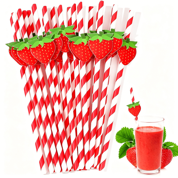 ACDANC Strawberry Straws, 30 Pack Drinking Straws Paper Straws with Stripes for Juice, Cocktail, Milkshake, Baby Shower Strawberry Birthday Decorations Strawberry Party Favors - 7.76 Inches