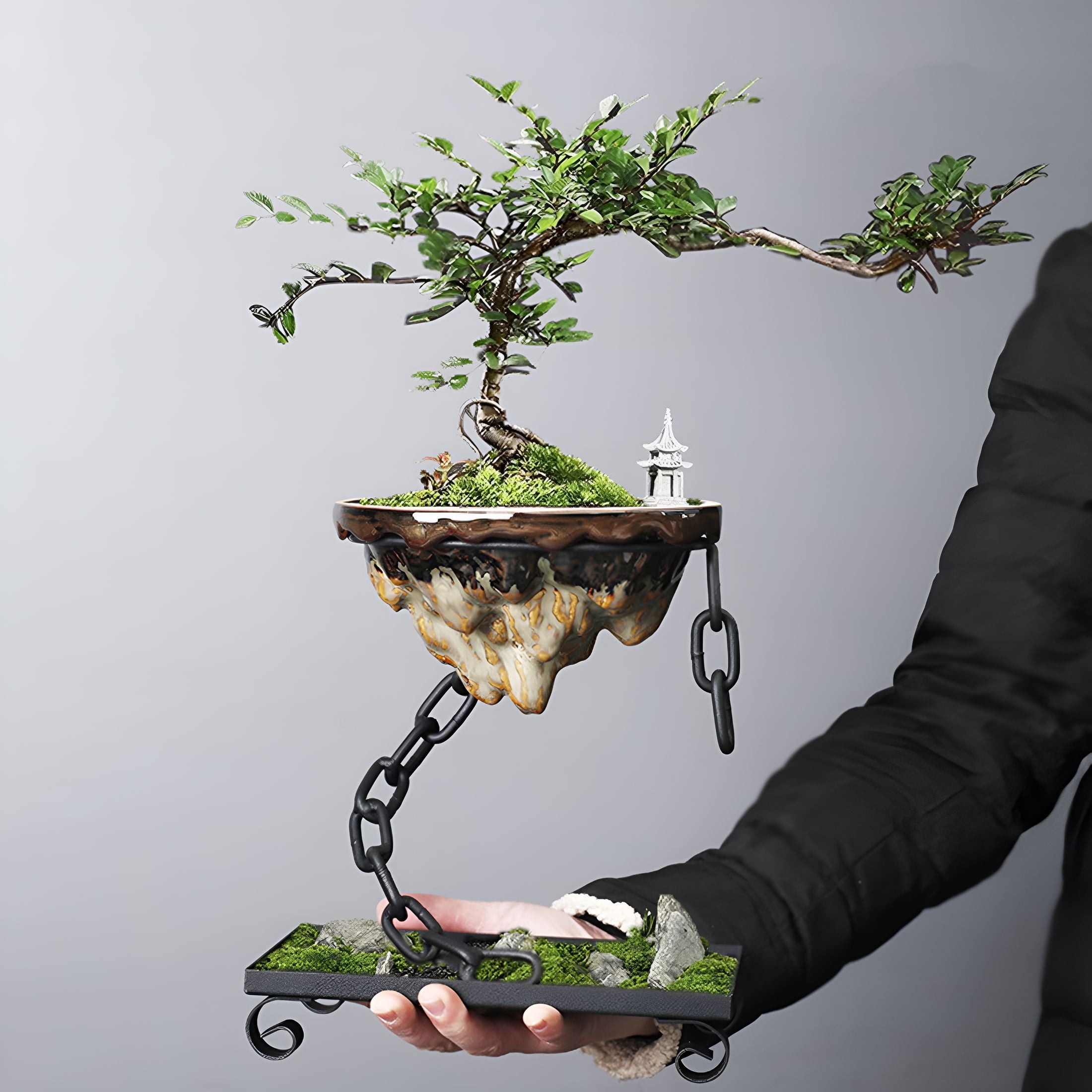 ACDANC Succulent Planter Pot Simulation Rockery Chain Suspension Hanging Type Ceramics Pot Ornament Iron Art Landscape Bonsai Planter Living Room Decoration Garden Supplies