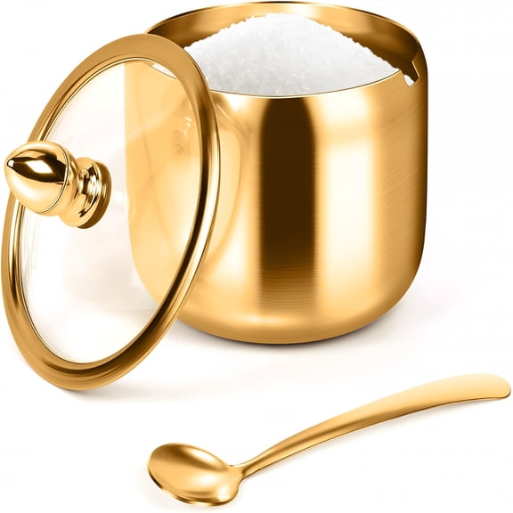 ACDANC Sugar Container with Glass Lid and Spoon - 10oz Gold Sugar Bowl for Coffee Bar Station Accessories Kitchen Storage for Salt, Candy, Coffee Bean (Gold)