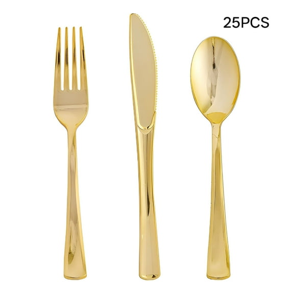 ACDANC Tableware Disposable Gold Color Plastic Tableware Cutlery Spoon Fork Set 25PC