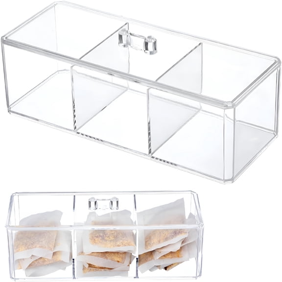 ACDANC Tea Bag Organizer Box with Lid - Divided Acrylic Tea Storage Chest 9.17X3.74X3.26In Multi-Compartment Bag Holder for Kitchen Countertop Office and Home