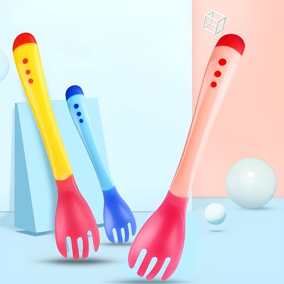ACDANC Temperature Sensing Baby Fork, Soft Silicone Toddler Self-Feeding Utensil, BPA-Free Ergonomic Spoon and Fork Set for Infants, Heat-Resistant Tableware for Boys and Girls