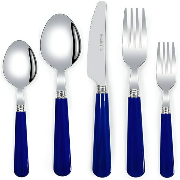 ACDANC Thickened Plastic Handle Kitchen Stainless Steel Silverware Tableware Flatware Cutlery Set Steak Knife Fork Spoon Teaspoon (Blue,5 pieces)