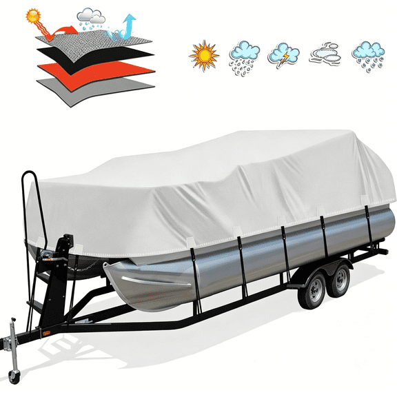 ACDANC Trailerable Pu Heavy Duty Pontoon Boat Cover,22-24Ft Waterproof Marine Grade Oxford Uv Resistant Polyester Canvas Cover,Boat Cover for Pontoon with Adjustable 18 Tie Down Straps,Gray