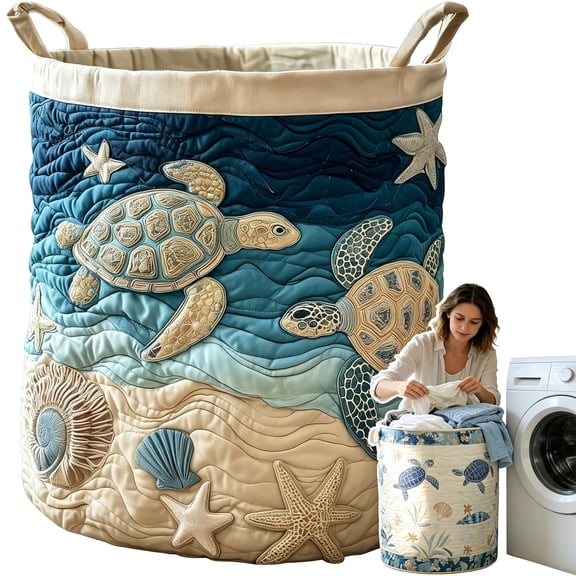 ACDANC Turtle Quilted Laundry Basket - 18"/22"/28", Quilted Sea Turtle Fabric Storage Hamper with Handles, Soft Quilted Laundry Basket for Nursery, Laundry Room, Clothes & Toys