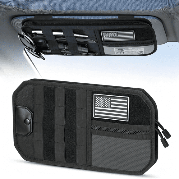 ACDANC Visor Organizer for Car,Polyester Panel Sun Glasses Holder with Zipper Pockets,Adjustable Straps for Suv Truck Pickup Car Storage (Black)