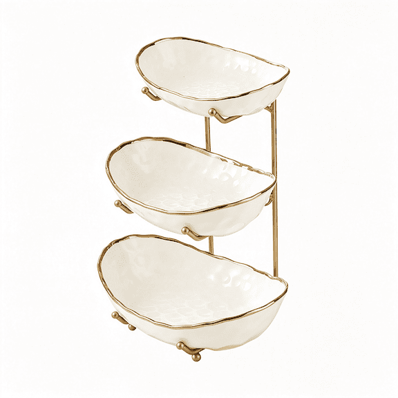 ACDANC White Fruit Bowl with Gold Metal Stand, 3 Tier Modern Ceramic Fruit Bowl Fruit Rack for Kitchen Counter, Tiered Fruit Basket for Snacks Bread Candy Storage (White,3 Tier)
