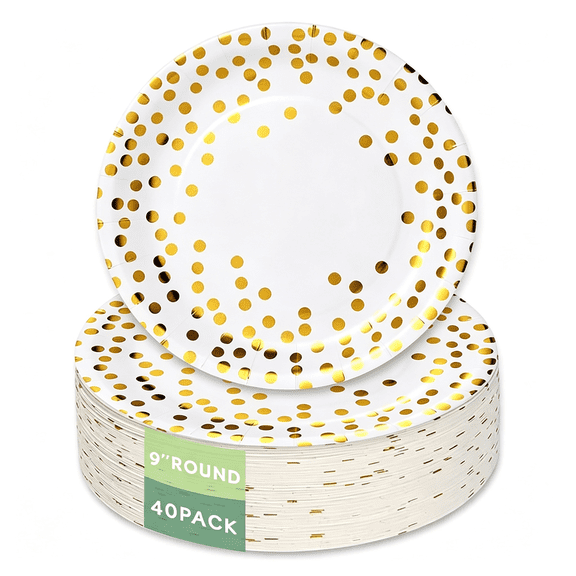 ACDANC White Paper Plates 9" 40 Count,Gold Foil Polka Dots Design|Eco Compostable,Disposable,For Mother'S Day Birthday Wedding Party,Dessert&Dinner Plates