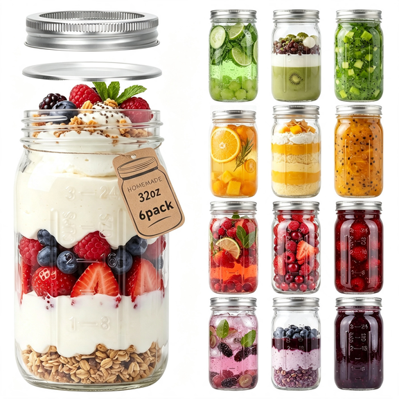 ACDANC Wide Mouth Mason Jars 32 Oz, 12 Pack Large Glass Mason Jar with Metal Airtight Lids and Bands, 1 Quart Canning Jars for Pickling, Fermenting, Food Storage & Diy Projects