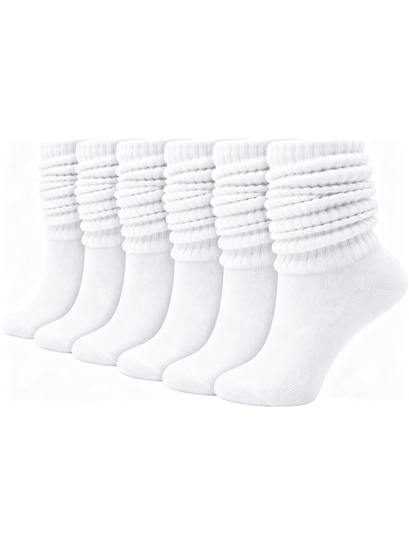 Womens Slouch Scrunch Boot Socks, 6-Pairs Retro Cushioned Knee High Soft Knit Sock Girls Casual Athletic White Socks Women