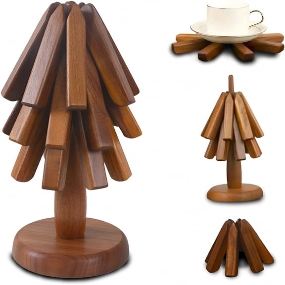 ACDANC Wood Collapsible Hot Pad Trivet Tree,Tree Shape Trivet Set,Folding Trivets Mat for Hot Dishes,Non-Slip Heat Resistant Kitchen Insulation Pad,Countertop Mat for Pots and Pans (Ebony)
