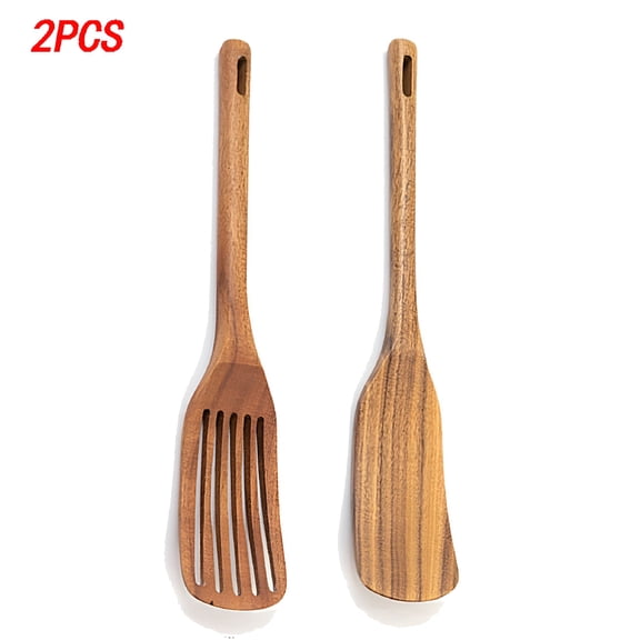 ACDANC Wood Teak Spatula Set of 2,Wooden Long Handle Slotted Turner,Heat Resistant Kitchen Cooking Utensils Non Stick