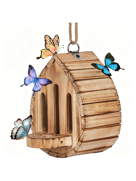 Wooden Butterfly House with Feeder, Hanging Garden Butterfly Habitat, Natural Nesting Box for Butterflies, Moths, Lacewings & Garden Insects