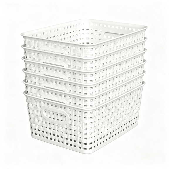 ACDANC Woven Plastic Storage Baskets, 6 Pack White Weave Bins Organizer, 10.1" X 7.55" X 4.1" Storage Baskets