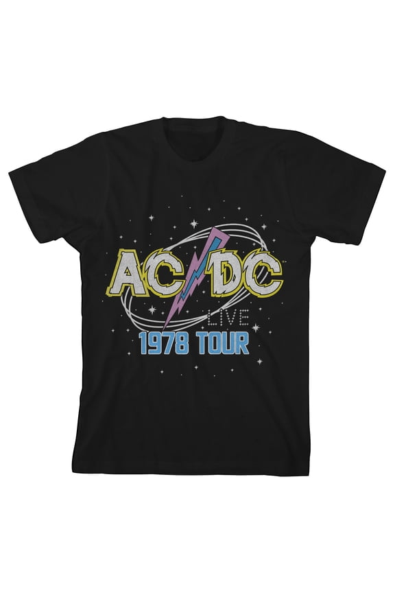 ACDC 1978 World Tour Pop Art Logo Crew Neck Short Sleeve Boys' Black T-shirt-Large