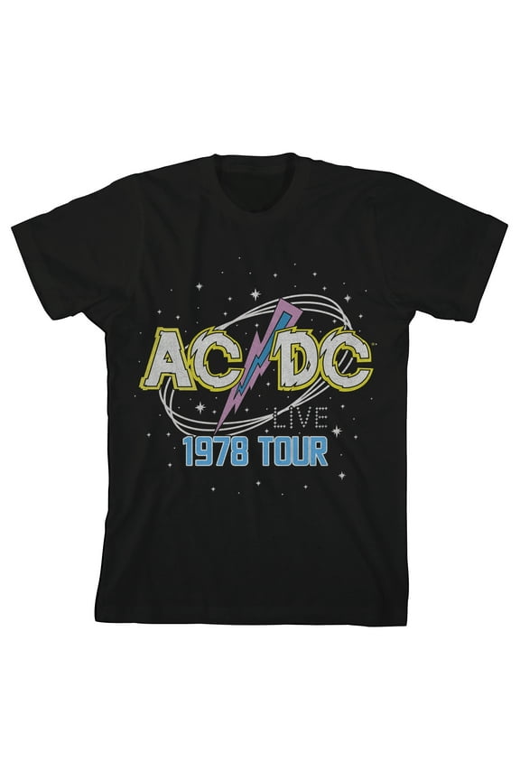 ACDC 1978 World Tour Pop Art Logo Crew Neck Short Sleeve Boys' Black T-shirt-Small