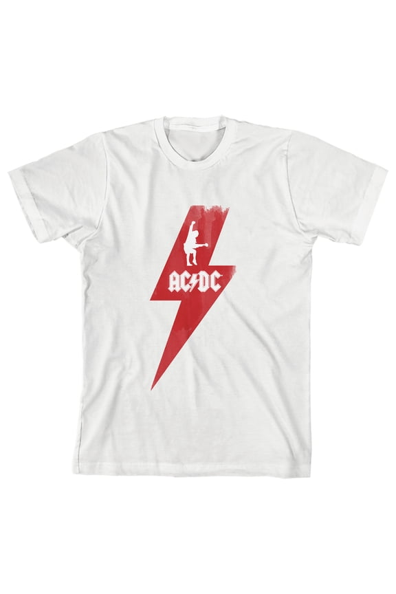 ACDC Angus Young Silhouette in Red Lightning Bolt Youth White Short Sleeve Crew Neck Tee-XL