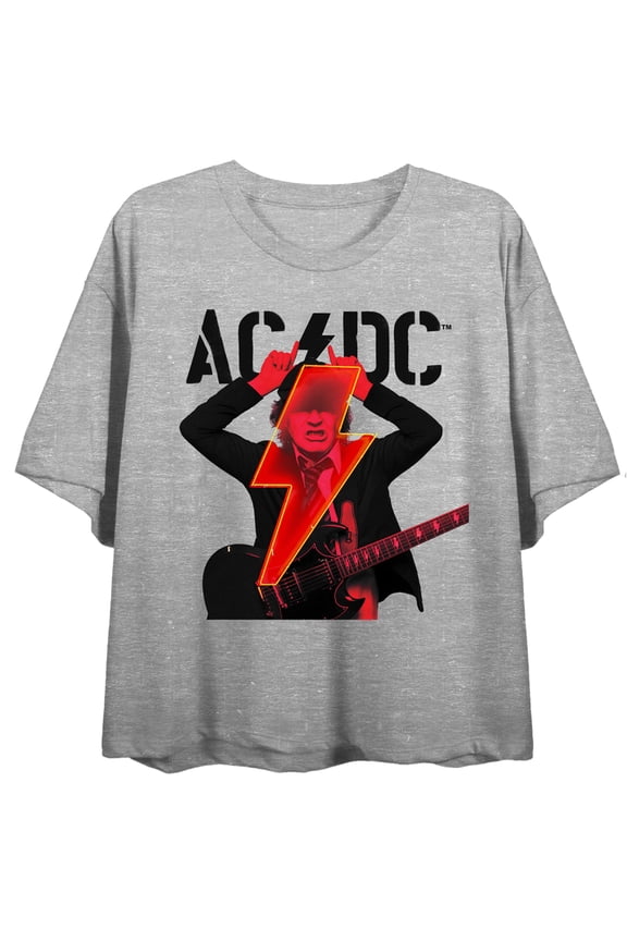 ACDC Angus Young Thunderbolt Logo Crew Neck Short Sleeve Athletic Heather Women's Crop Top-Small