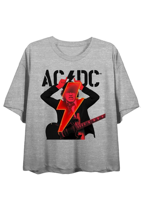 ACDC Angus Young Thunderbolt Logo Crew Neck Short Sleeve Athletic Heather Women's Crop Top-XL