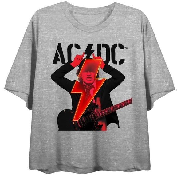 ACDC Angus Young Thunderbolt Logo Crew Neck Short Sleeve Athletic Heather Women's Crop Top-XS