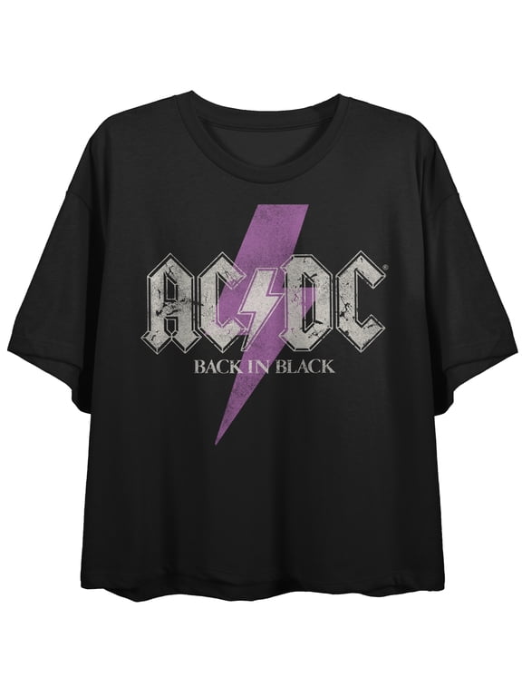 ACDC Back In Black Purple Lightning Bolt Logo Women's Black Cropped Tee-Medium