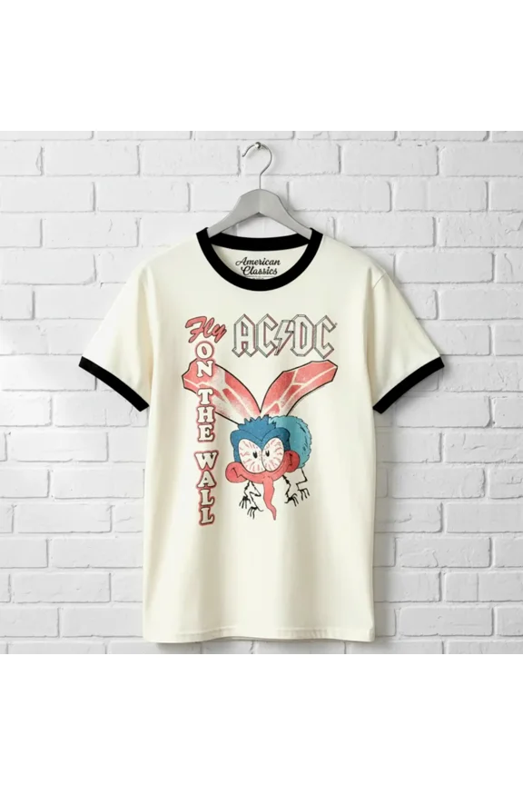 ACDC Fly on Wall Ringer T Shirt (Ivory, Adult2XL)