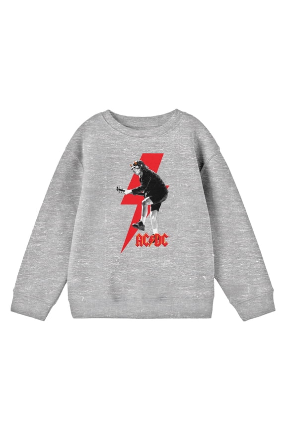 ACDC Monochrome Angus Young Big Red Lightning Youth Athletic Heather Gray Crew Neck Tee-XL