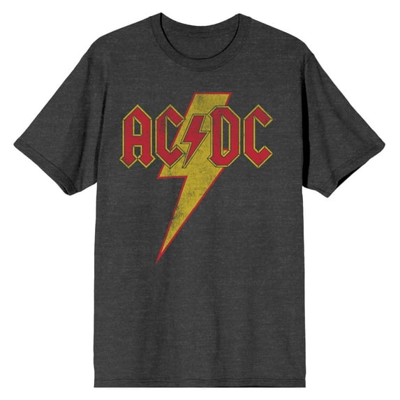 ACDC Vintage Lightning Bolt Logo Men's Charcoal Heather Crew Neck Short Sleeve T-shirt-Small