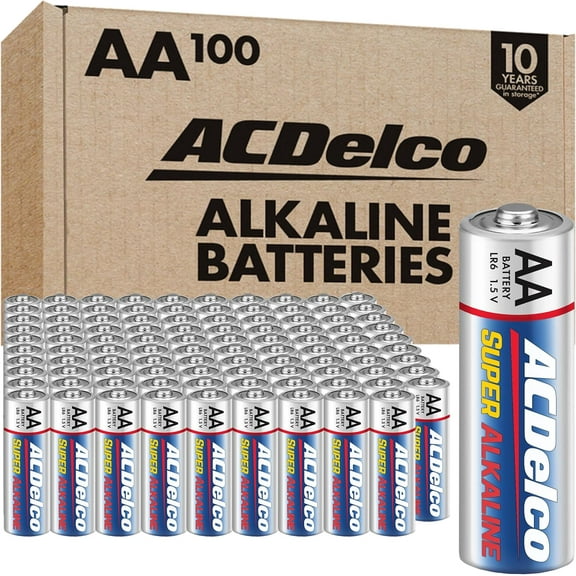 ACDelco 100-Count AA Batteries, Maximum Power Super Alkaline Battery, 10-Year Shelf Life, Recloseable Packaging