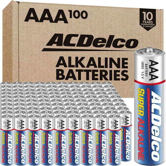 ACDelco 100-Count AAA Batteries, Maximum Power Super Alkaline Battery, 10-Year Shelf Life, Recloseable Packaging