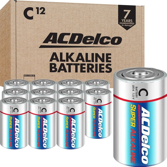 ACDelco 12-Count C Batteries, Maximum Power Super Alkaline Battery, 7-Year Shelf Life, Recloseable Packaging