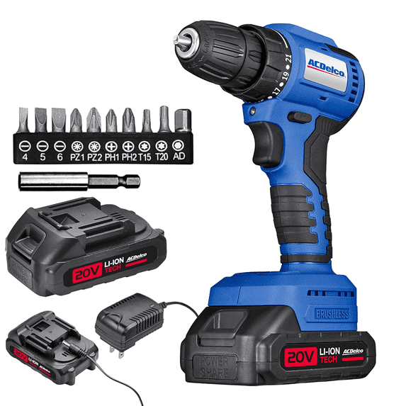 ACDelco ARD20137P 20V Cordless Drill Set, 2 speed, 400 In-lb torque, battery, charger, driver bits