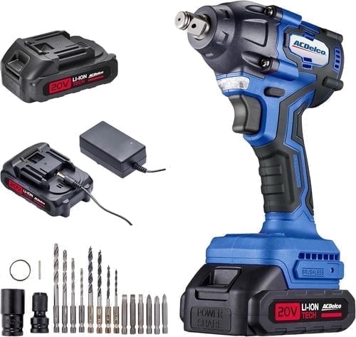 ACDelco ARI20132-PM 20V Brushless 1/2" Corless Impact Wrench- OEM Trusted Brand, Power for Automotive Repair, 251 Ft-lbs (350Nm), 2600RPM High Torque Impact Gun,1x2.0Ah Batteries