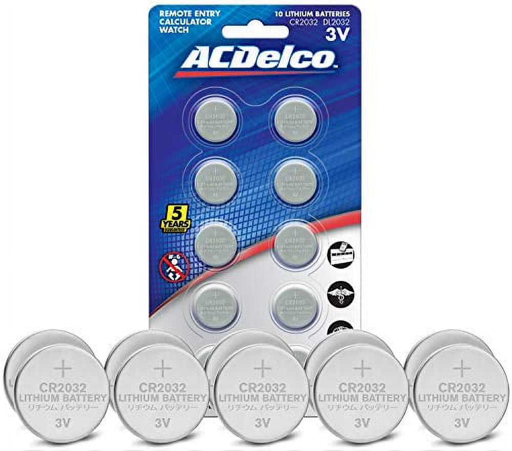 ACDelco CR2032 3V Lithium Coin Cell Battery, Watch and Electronics Button Batteries, Silver, 10