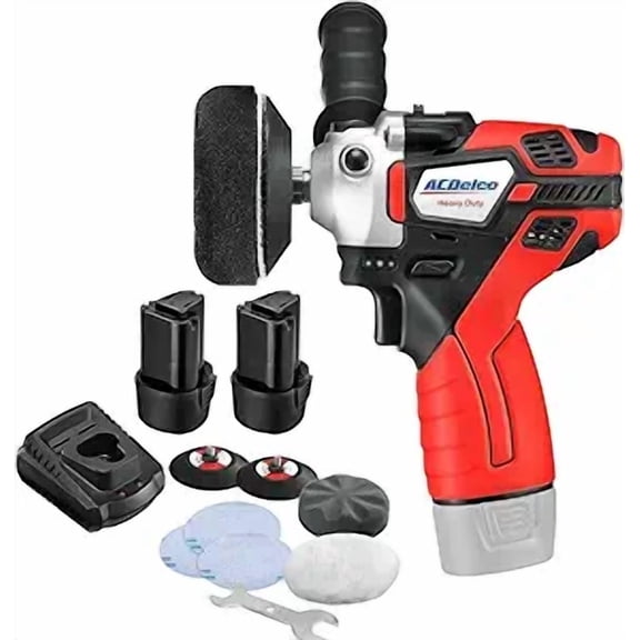 ACDelco Mini Cordless Polisher Tool Set 2 Speed 12V 3 Pad, Set with 2 Li-ion Batteries, Charger, and Accessory Kit, G12 Series ARS1214,Red