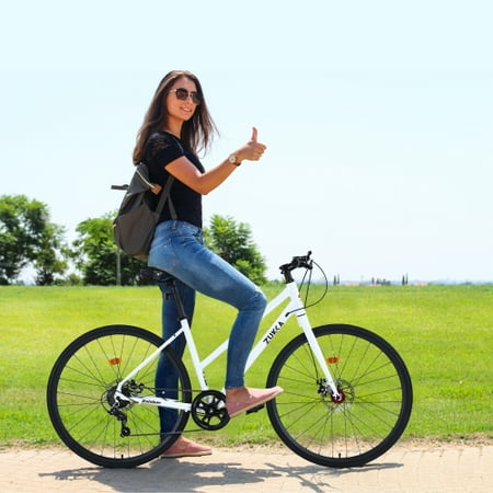 ACE-BIKE, 1-YEAR-WARRANTY, 7 Speed Hybrid bike, 700C Road Bike, Double Disc Brake City Bicycle, Steel Frame, Aluminum Alloy Rim, Multiple Colors for Men Women(White)