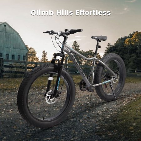 ACE-BIKE,1-YEAR-WARRANTY,Fat Tire Mountain Bike,21 Speed 26 Inch Shock-absorbing Front Suspension Fork Trail Beach Commuter City Bike,Dual Disc Brakes,High-Carbon Steel Frame for Adult/Youth(Gray)
