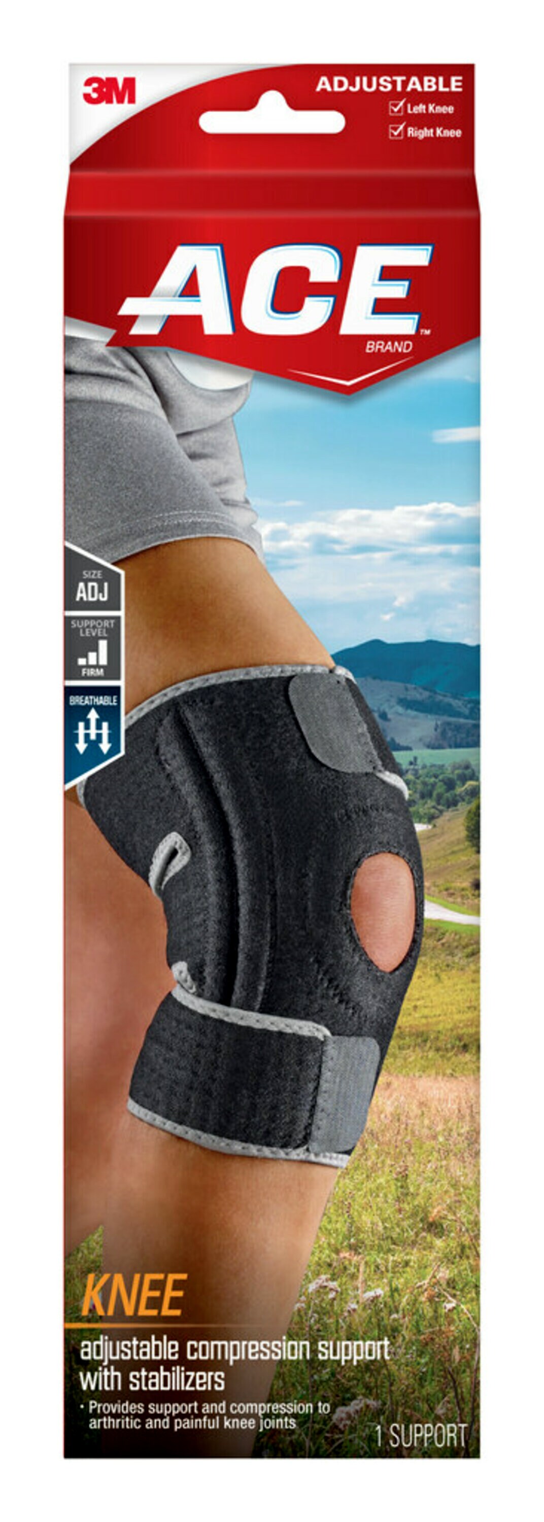 ACE Brand Adjustable Compression Knee Support with Stabilizers, Black/Gray – One Size - image 1 of 12