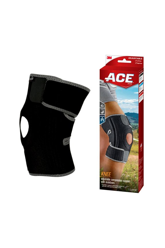 Brand Adjustable Compression Knee Support with Stabilizers, Black/Gray One Size