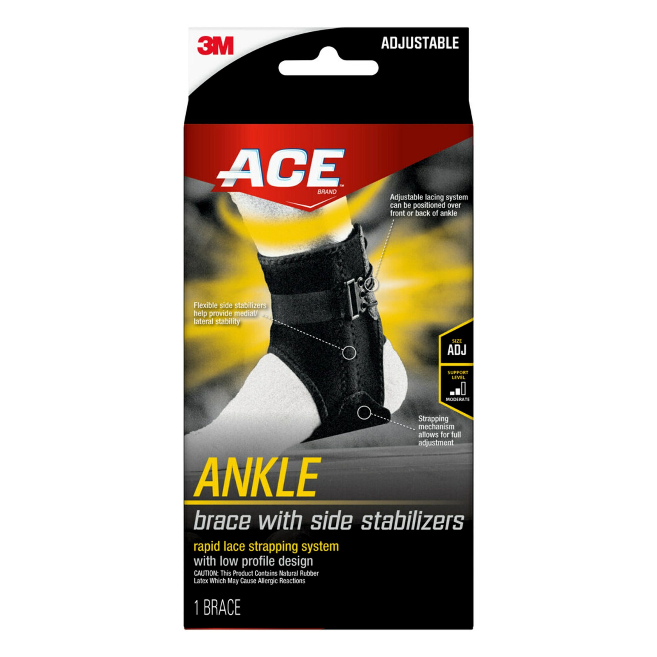 ACE Brand Ankle Support with Side Stabilizers, Adjustable, Black, 1 Brace