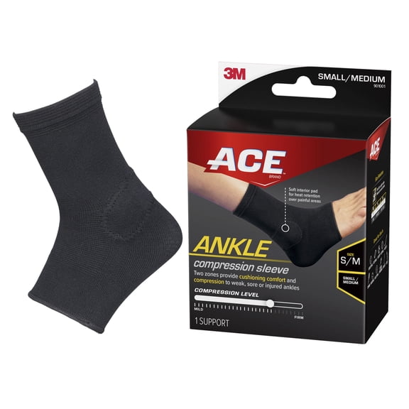 ACE Brand Compression Ankle Support, Small/Medium, Gray, Unisex