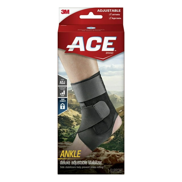 ACE Brand Deluxe Adjustable Ankle Stabilizer, Black – One Size Fits Most
