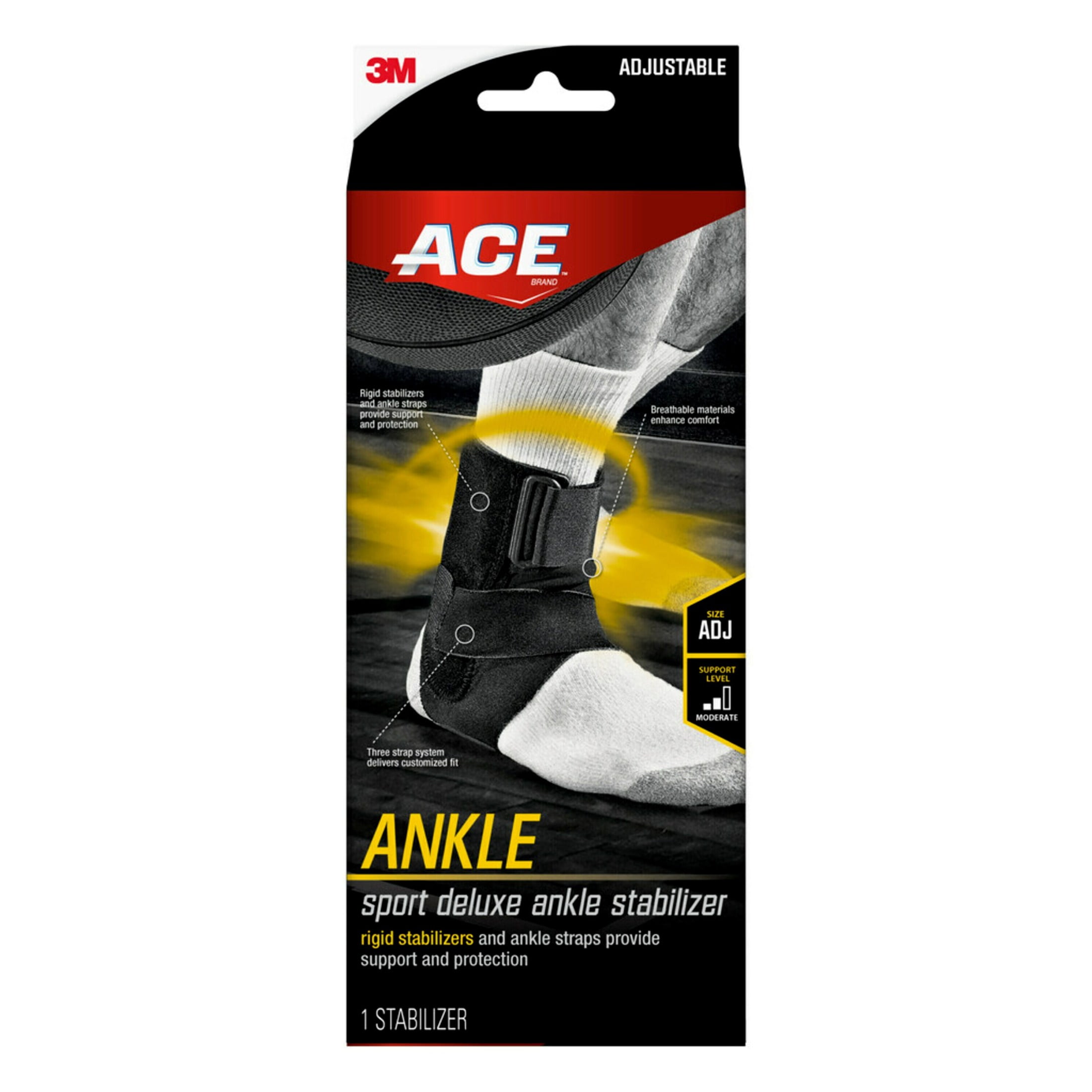 ACE Brand Deluxe Sport Ankle Stabilizer, Adjustable, Black, 1 Stabilizer