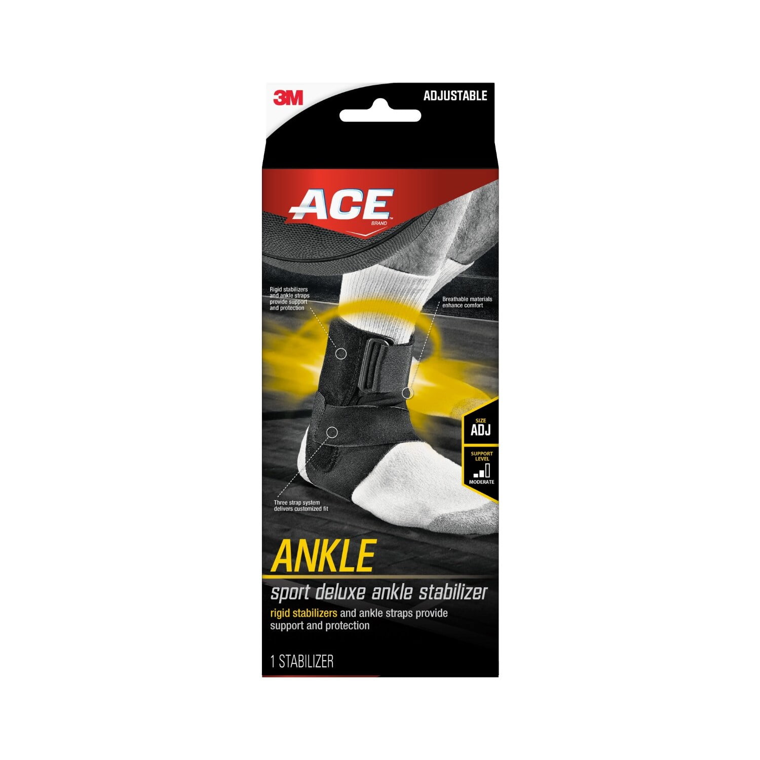 ACE Brand Deluxe Sport Ankle Stabilizer, Adjustable, Black, 1 Stabilizer
