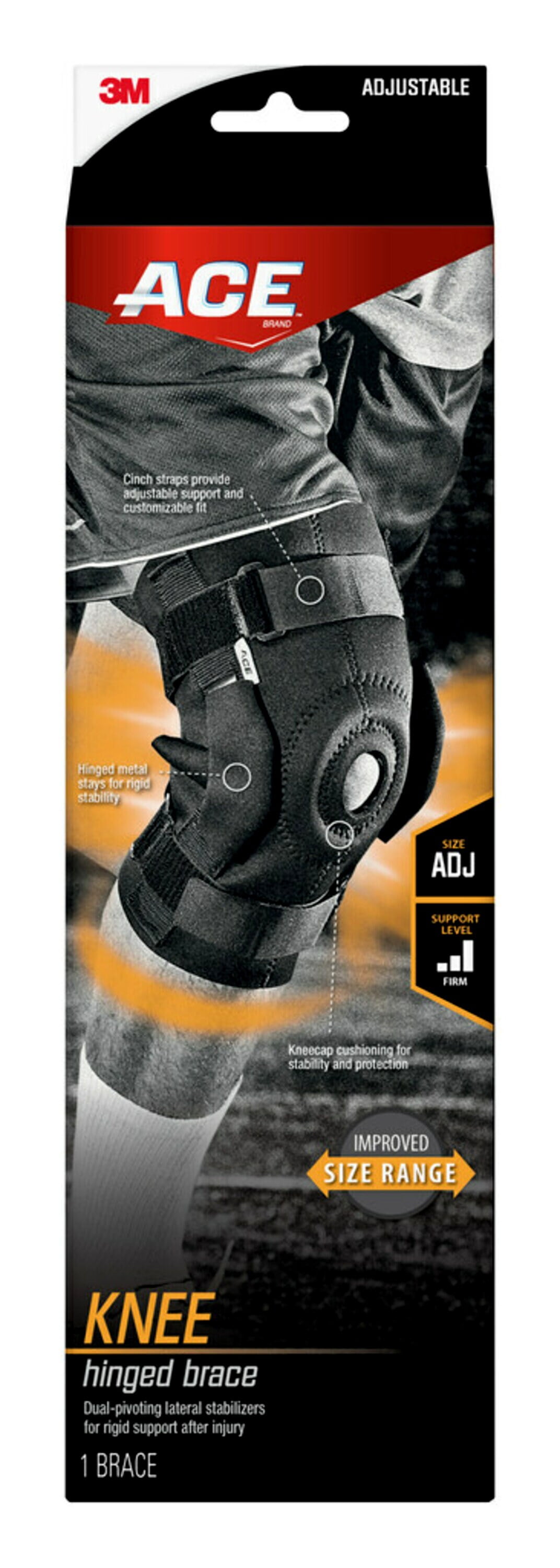 ACE Brand Hinged Knee Brace, Black – One Size Fits Most 