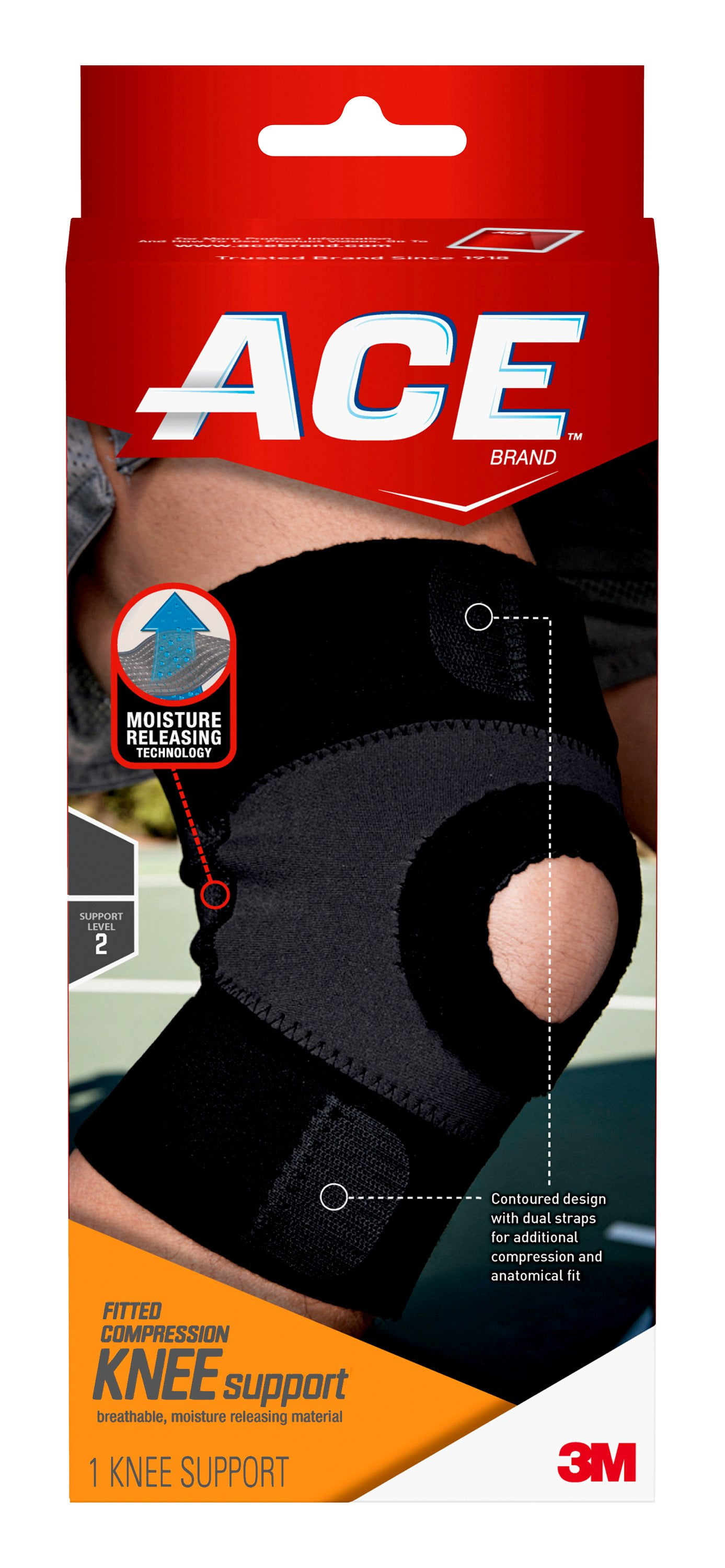 ACE Brand Moisture Control Knee Support, Large, Black/Gray, Adjustable Brace
